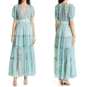 NWT ByTiMo Floral Chiffon Tiered Maxi Dress In Blue Flowers Sz. L